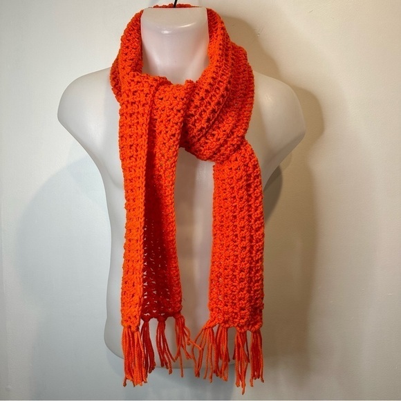 NEW Handmade Open Knit Cotton Blend Scarf with tassels Orange - Picture 1 of 4